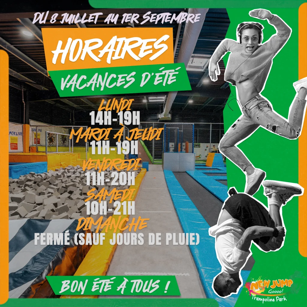 Les horaires d'été du Trampoline Park du 8 juillet au 1er septembre.